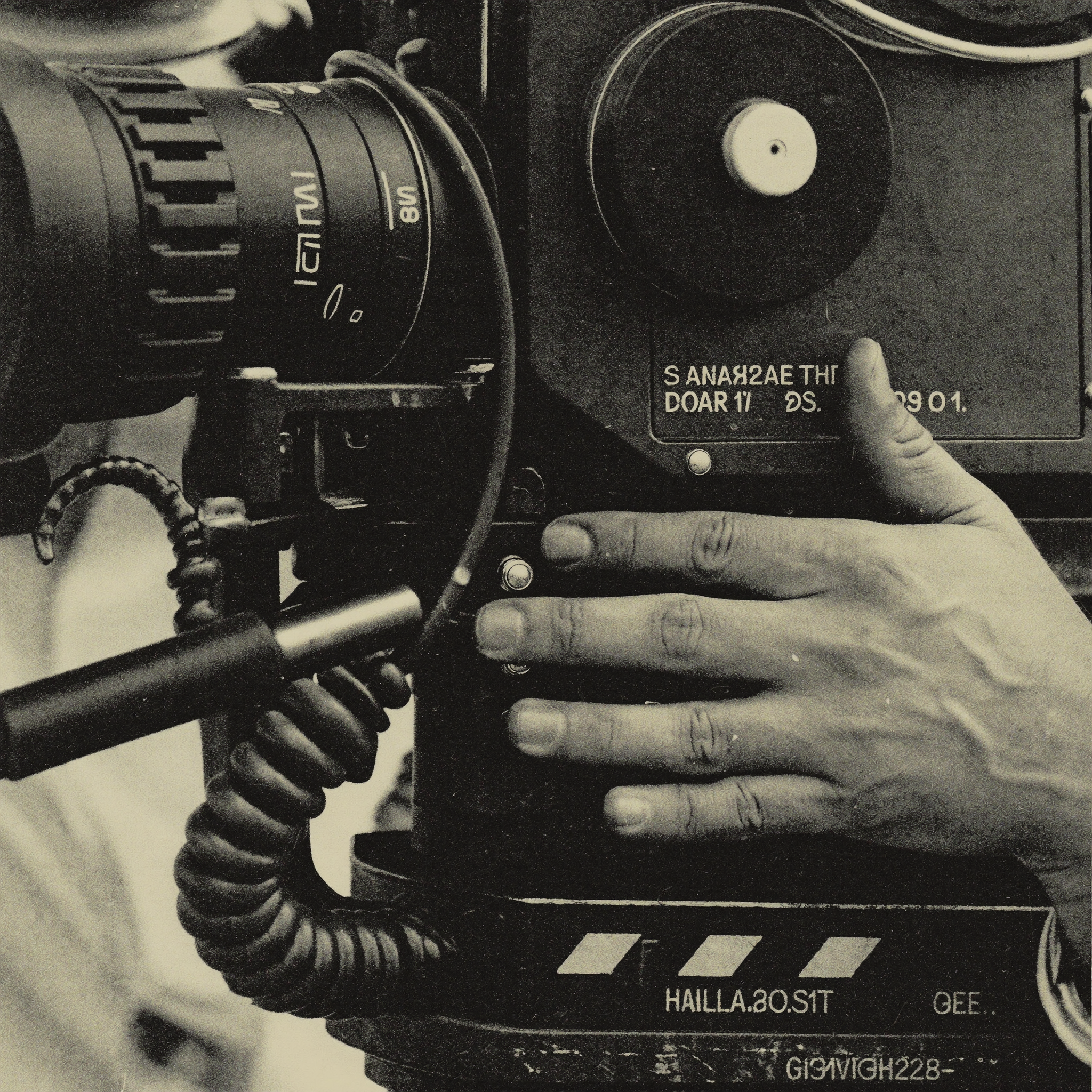 Weathered hands gripping a cinema camera on set
